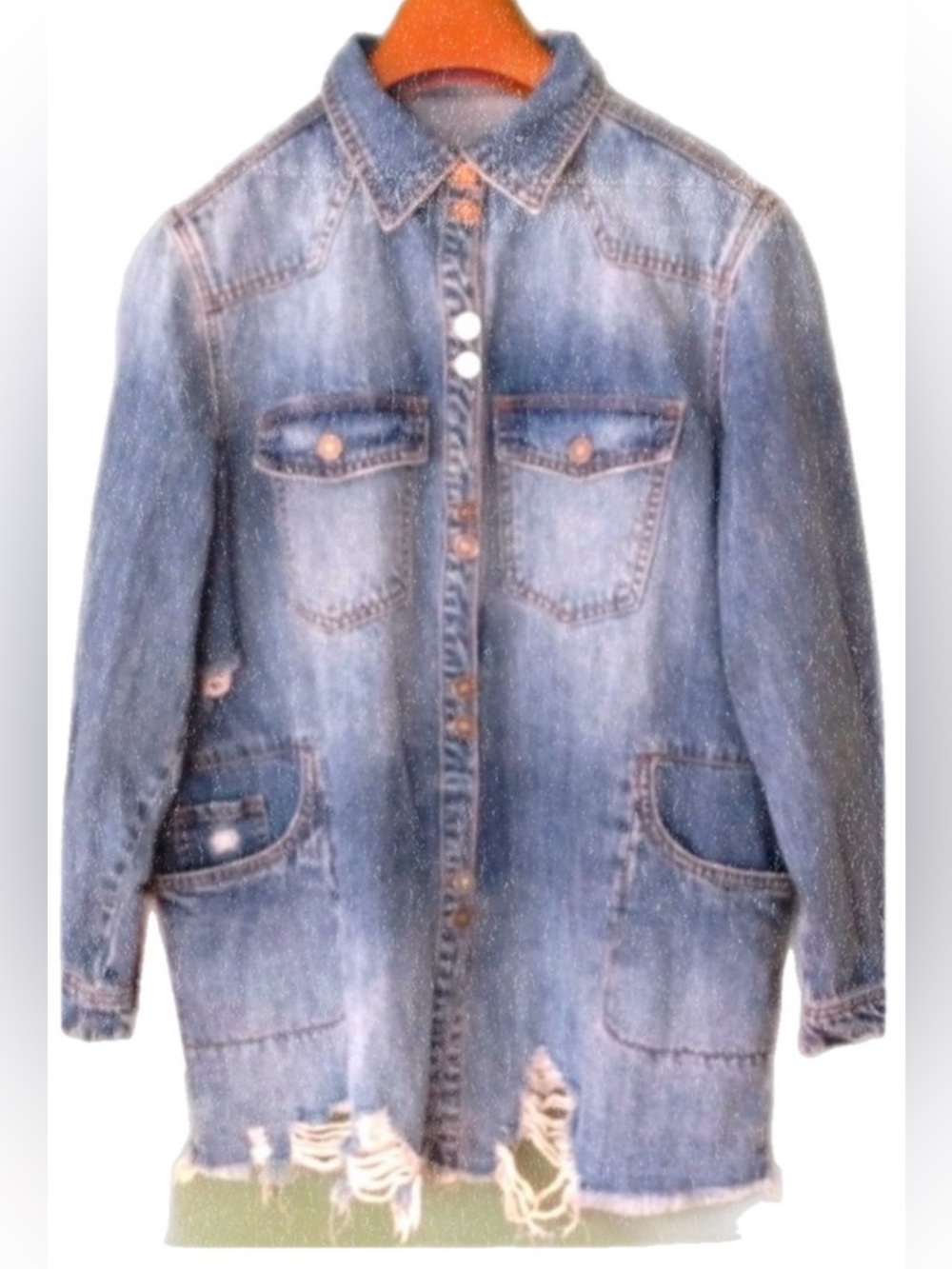 Frayed distressed button front denim casual fun shacket jacket top- unisex